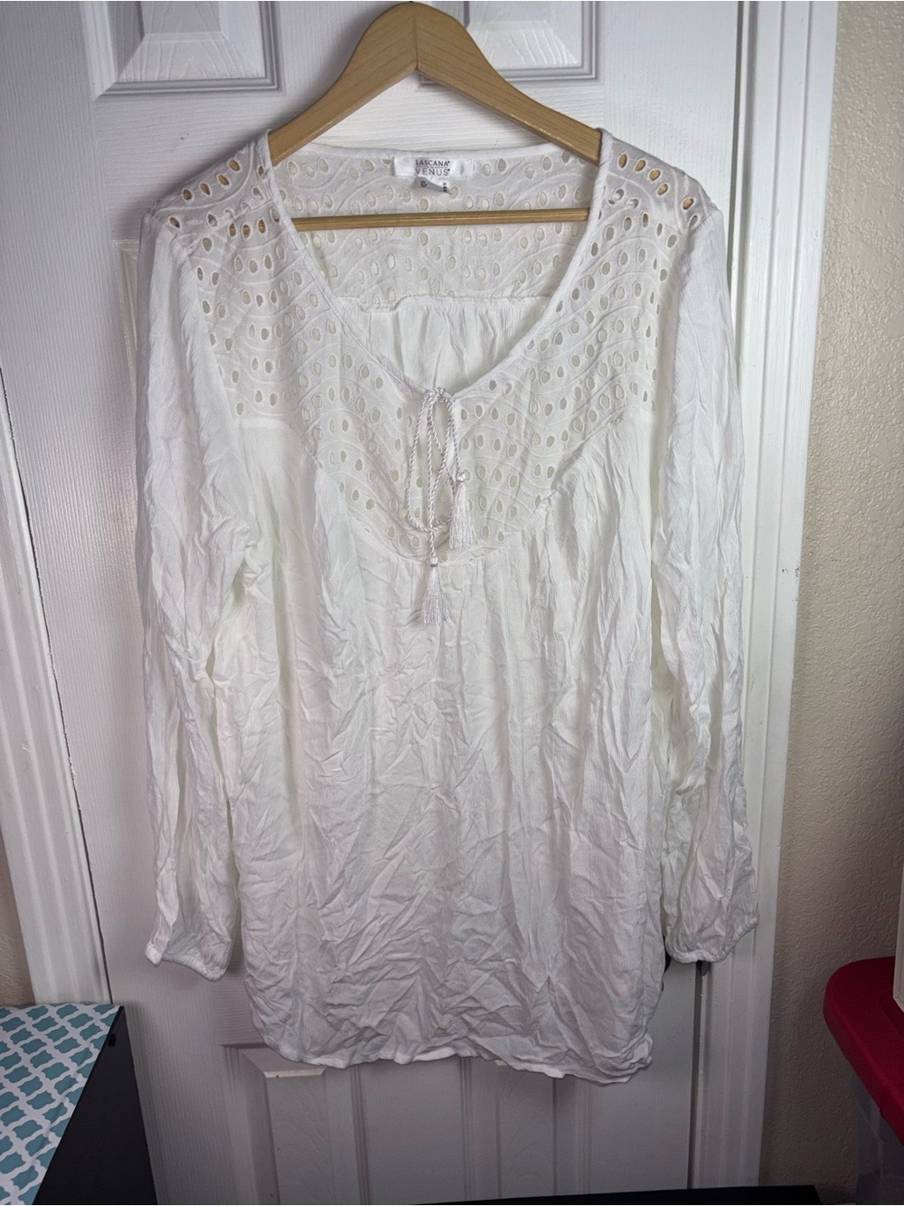 Lascana White Eyelet Peasant Tunic with Tassel Tie NWOT 2X - Picture 3 of 11